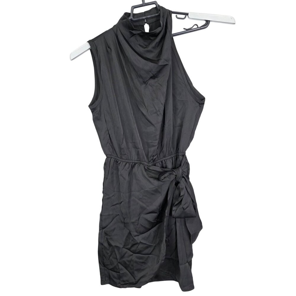 Womens Black Pretty Garden Sleeveless High Neck Dress Waist Tie Asymmetrical S